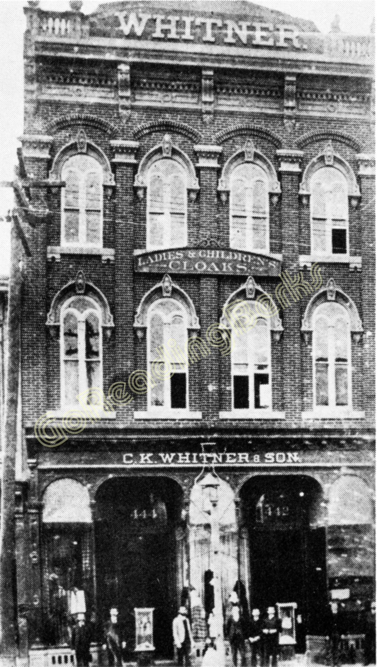 Like the predecessors of many other Penn street establishments, Mr. Whitner's first store was confined entirely to the first floor of a converted dwelling. It handled a line of dry goods and notions. All the selling space was on the first floor while a portion of the basement and second floor were used for receiving rooms and storage. The room available for selling space was typical of the first floor facilities of any large dwelling in those days. It contained less than 2,000 square feet in a room of about 20 by 90 feet. A newspaper description gives the following account of store's opening: "Mr. Calvin K. Whitner will open today at 432 Penn street, a new dry goods store, with an entire new stock. Mr. Whitner is one of our most careful and energetic businessmen, and having had long experience, will be able to conduct his establishment on first-class principles. The opening today, it is expected, will be largely attended by the ladies of this city, to whom every facility will be extended for a thorough examination of the stock." As recorded in Whitner's ledger, first-day sales total $159. Each day the volume grew and at the end of the first year he was able to report that his total sales had aggregated slightly less than $37,000. It was only six years after the store was opened that the need for larger quarters was felt. So business and stocks were transferred in 1883 to the buildings at 442-444 Penn Street. The store building at 444 Penn Street had been vacated by Dives, Pomeroy & Stewart. Mr. Whitner conducted the business by himself individually until 1889 when his son, Harry K. Whitner was taken into the firm. The firm traded as C. K. Whitner & Son until the son's death in December, 1890. More departments were added and in 1891 additional expansion was accomplished by extending back to Cherry Street. In 1896, a faithful employee for many years, John A. Britton, was admitted as a partner, and the firm name became C. K. Whitner & Co. One year later, in 1897, rooms at 438 and 440 Penn street were added and in 1899 more space toward Cherry Street was utilized. The department store continued to expand and, by 1910, a four-story main building stood on Penn Street, with a five-story structure in the rear on Cherry Street. At the completion of the expansion and modernization more than 60,000 square feet of floor space was available, including warerooms.